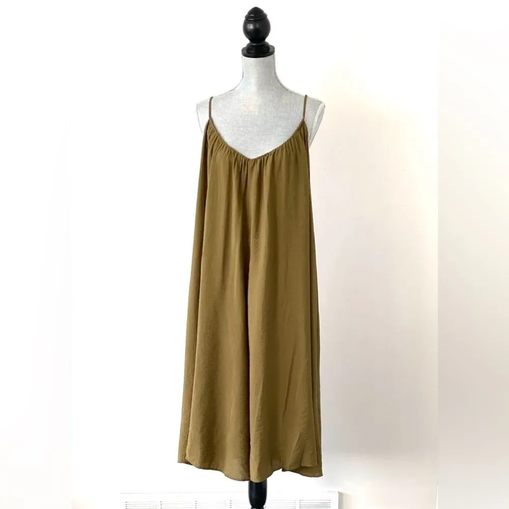 Akemi + Kin x Anthropologie Olive Green Maxi Wide-Leg Romper L Boho Chic Cottage